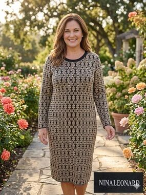 Nina Leonard Black and Cream Geometric Knit Sheath Dress